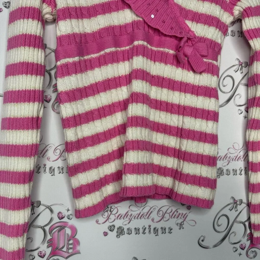 Sweater candy striped ribbon bow tie detail sequins sparkly knitted crochet y2k